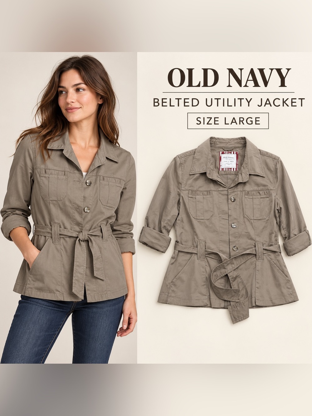 Old Navy Women's Belted Utility Jacket - Taupe Green Size Large